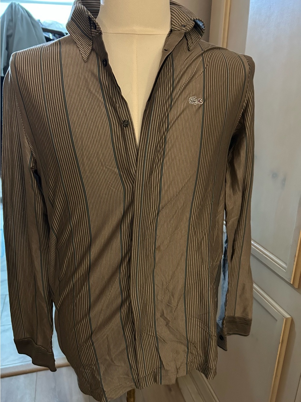 Lacoste Men’s Brown Striped Button-Down knit Shirt